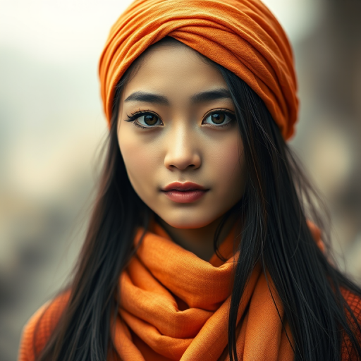 Create a portrait of a young Taiwanese woman with long, dark hair and captivating hazel eyes. She is wearing a orange headscarf and a matching scarf draped gracefully around her neck. The background is softly blurred, focusing attention on her serene and natural expression. The overall color palette is muted and warm, enhancing the intimate and authentic feel of the portrait.