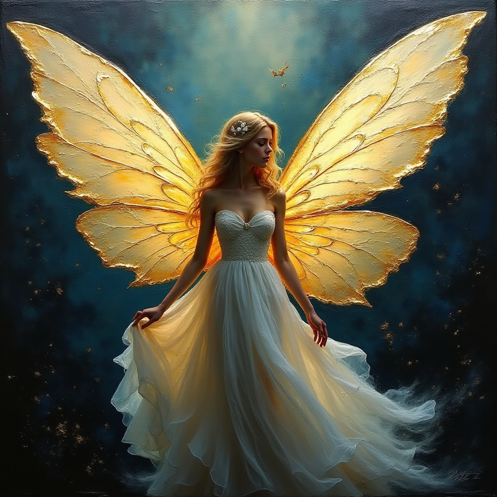 Palette knife oil painting, featuring an elegant feminine fairy with enormous translucent wings, high contrast, impasto texture, with chiaroscuro and dramatic shadows and shining Gold Foil highlights