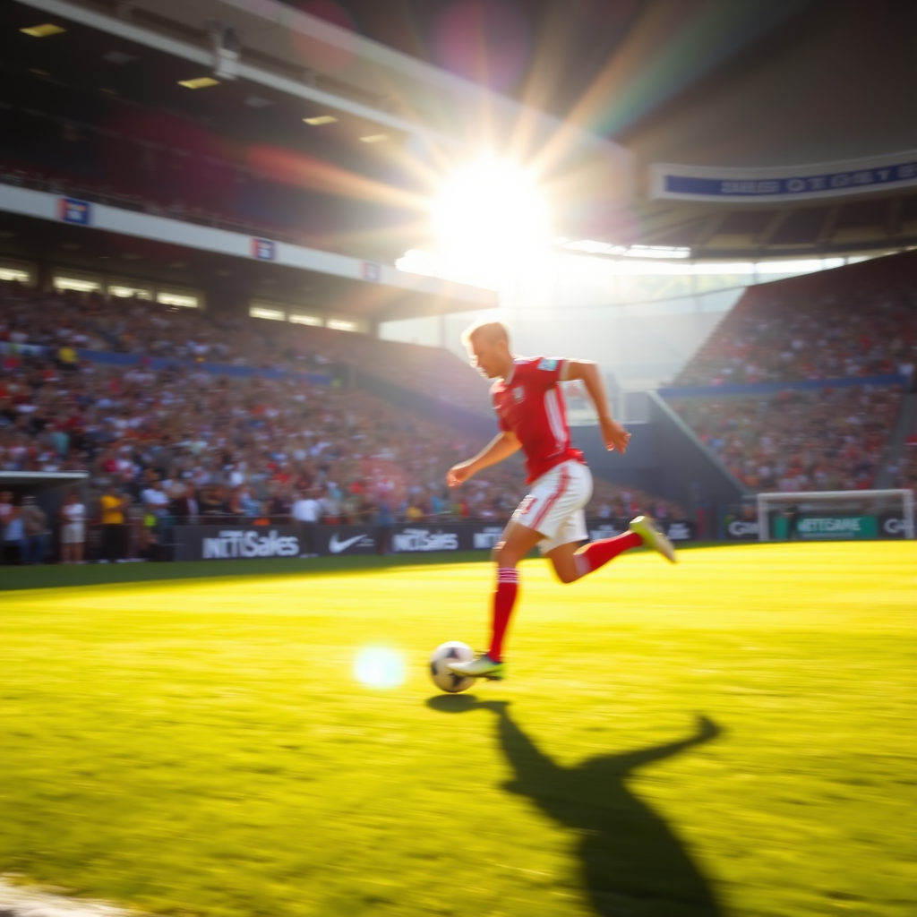 Blurry action shot of a soccer player mid-kick during a game, with soft sunlight filtering through the stadium and a cheering crowd softly blurred in the background.