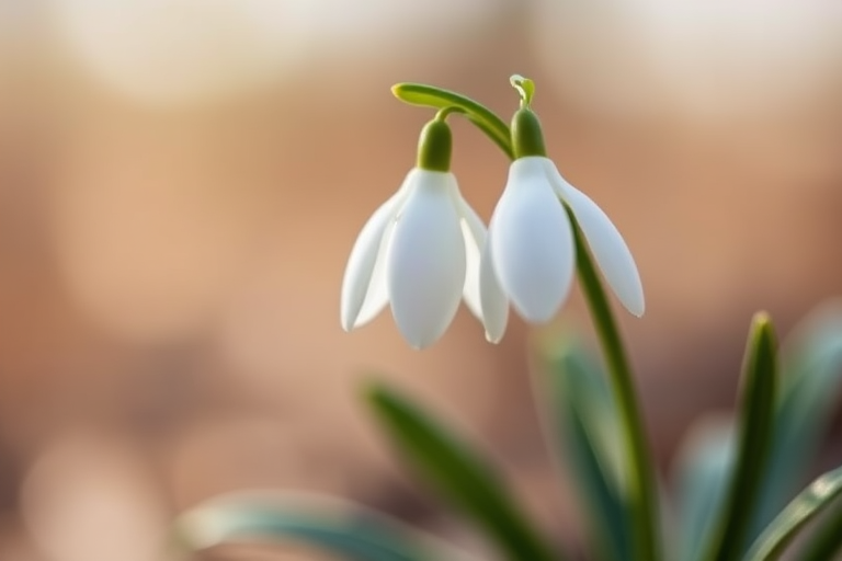 a close-up photograph of a snowdrop flower, soft focus background, natural light; camera settings: aperture f/2.8, shutter speed 1/200s, ISO 100; camera view: macro; camera style: realistic; camera type: DSLR