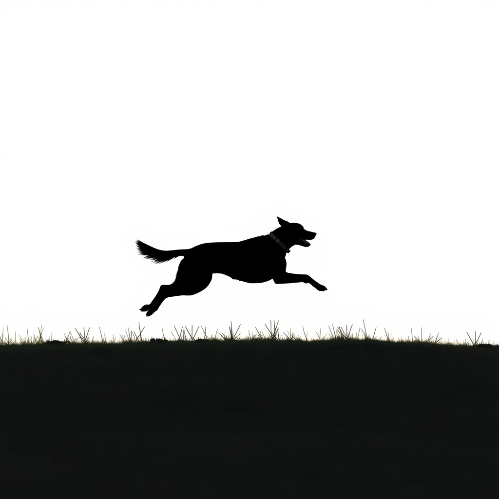 Generate a high-quality image of a black silhouette of a running dog against a white background, captured with a DSLR camera at f/2.8 aperture, ISO 100, 1/1000 sec shutter speed, using a wide-angle lens and an outdoor natural light setting.