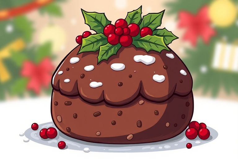 Create a digital illustration of a traditional Christmas pudding topped with holly leaves and red berries, using a high resolution of 300 DPI, with a vibrant color palette, from a front view perspective, resembling a cartoon style, captured with a digital camera set to f/8 aperture, ISO 100, and 50mm lens for enhanced clarity and detail.