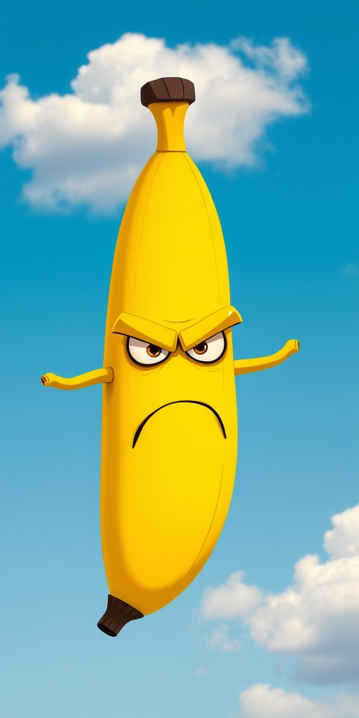Create a cartoon-style illustration of an angry, anthropomorphic banana character with exaggerated facial features and a frown, against a clear blue sky with fluffy white clouds, taken with a DSLR camera at f/2.8 aperture, ISO 100, and 50mm lens for vibrant colors and sharp details.