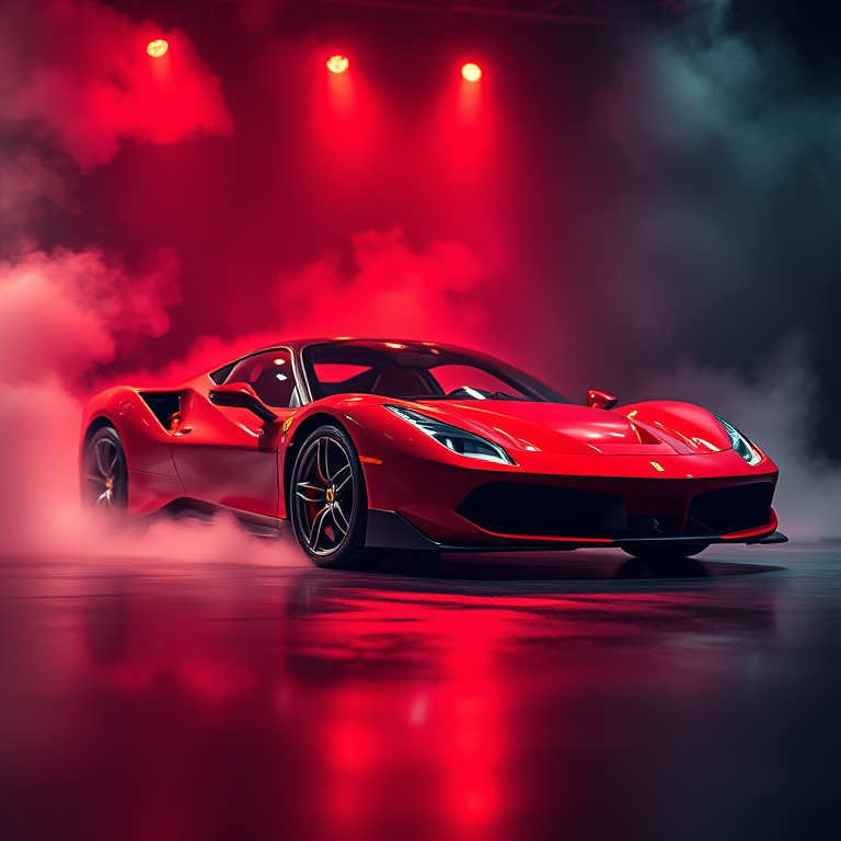High-resolution image of a sleek Ferrari sports car in a dramatic studio setting with smoke and spotlight effects, using a 50mm lens, f/1.8 aperture, ISO 100, 1/200 sec exposure, shot from a low angle to emphasize the car's profile and design, with a cinematic style.