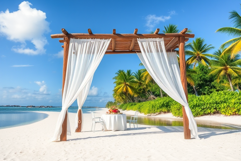 Create a picturesque tropical beach scene featuring a serene, white sandy shore. In the foreground, there's a rustic wooden canopy with white drapes gently flowing in the breeze. Underneath the canopy, a table is set with tropical decor, evoking a sense of relaxation and leisure. The beach extends into a calm, shallow water area with reflections of the sky and surroundings. Palm trees and lush greenery line the edge of the beach, providing a natural, tropical backdrop. The sky is clear with a few scattered clouds, and the overall atmosphere is tranquil and inviting, perfect for a peaceful retreat.