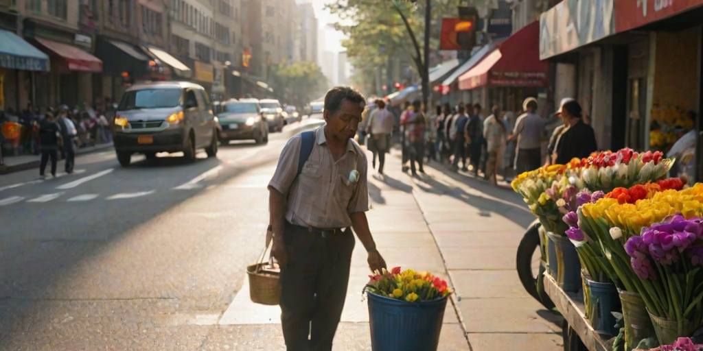 Blurry, candid photo of a street vendor selling flowers on a busy city corner, colorful bouquets arranged in buckets, pedestrians rushing by, soft sunlight casting long shadows, the distant sound of honking cars and soft chatter filling the air.