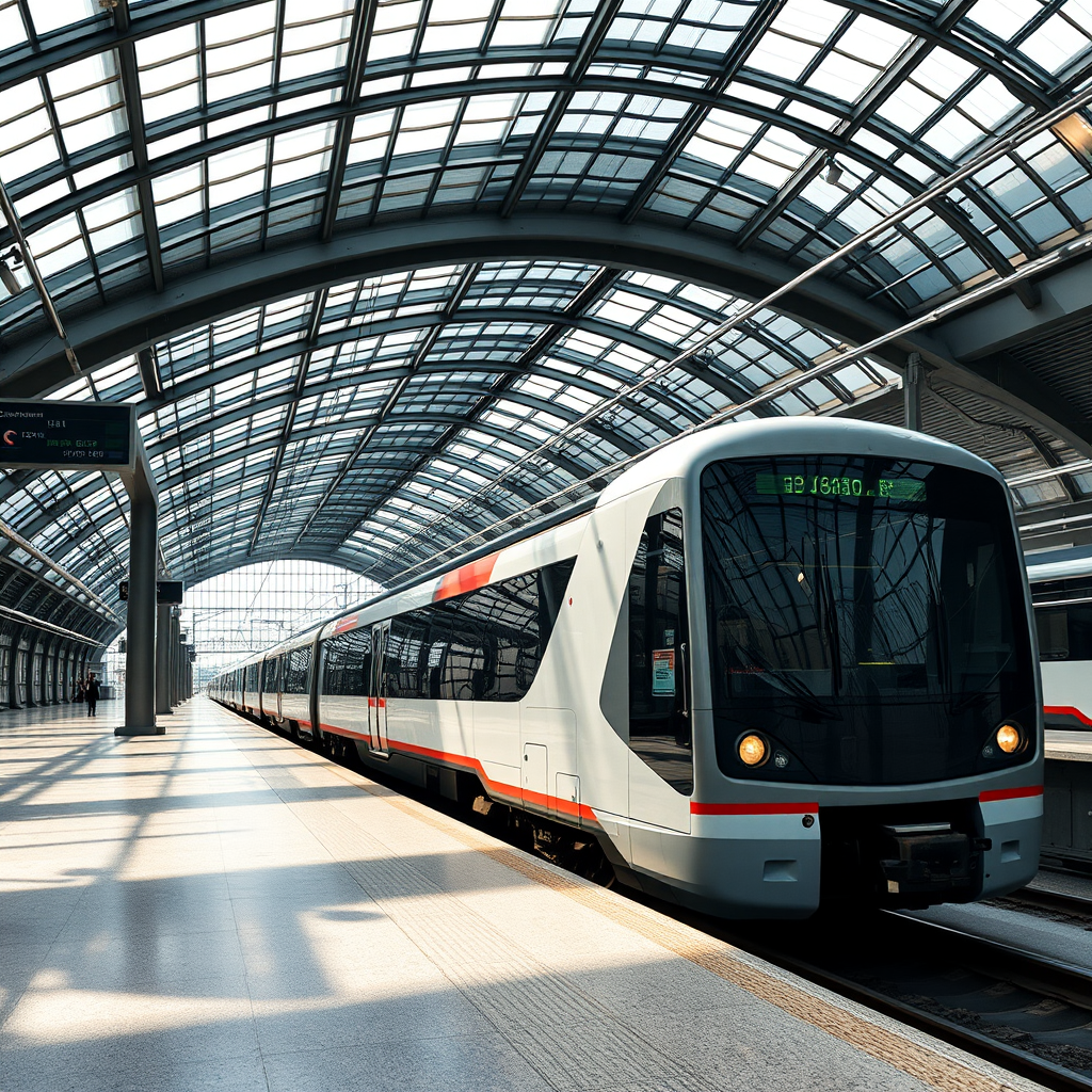 high-resolution image of a modern train at a sleek, contemporary train station with an intricate glass ceiling, shot with a Canon EOS R5, f/8 aperture, ISO 100, 24mm focal length, wide-angle perspective, natural lighting for enhanced contrast and detail