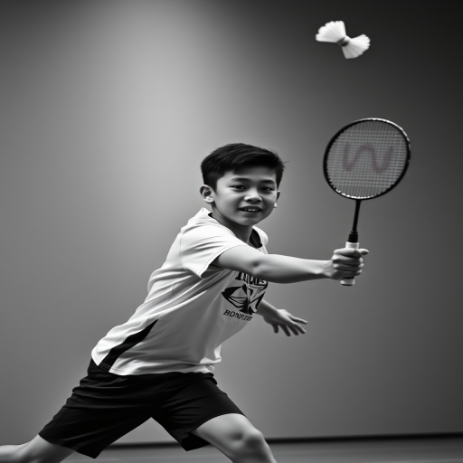 Capture an action shot of a young male badminton player lunging to hit a shuttlecock, using a Canon EOS R5 with a 50mm f/1.2 lens, ISO 200, shutter speed 1/1000s, aperture f/2.8, in a studio setting with soft lighting to enhance contrast in black and white.