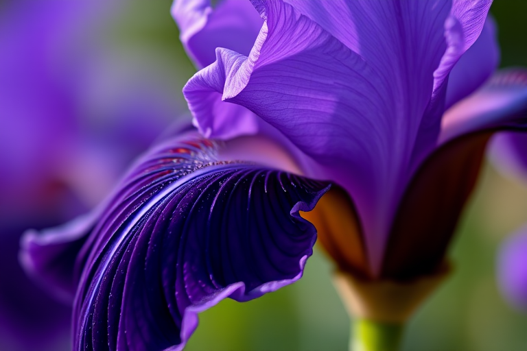 high-resolution close-up of a deep purple iris flower, soft bokeh background, natural lighting, ISO 100, f/2.8, 85mm lens, macro photography, DSLR camera