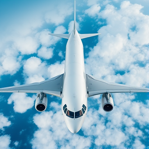 Create an aerial view of a commercial airplane with detailed features and a dynamic sky background, camera settings: f/8, ISO 100, shutter speed 1/2000s, camera view: top-down perspective, camera style: high-resolution digital, camera type: DSLR.