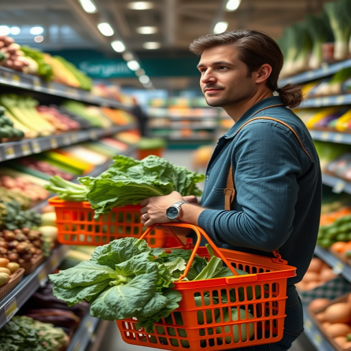 A shopper holding an orange basket filled with lettuce in a grocery store aisle stocked with fresh vegetables, captured with a Canon EOS R5, 24mm lens, f/2.8 aperture, ISO 200, 1/50 sec, with a shallow depth of field and natural lighting to emphasize freshness.