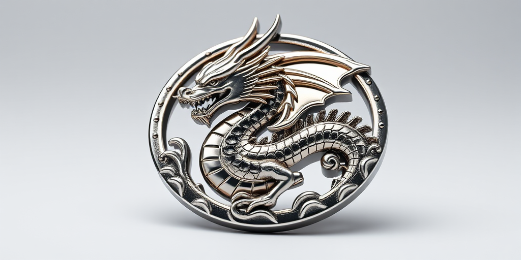 Create an ultra-detailed 3D rendering of a metallic dragon emblem with high reflectivity, using a Canon EOS R5 with a 50mm f/1.2 lens, aperture set to f/2.8, ISO 100, and a shallow depth of field, captured in a studio setting with softbox lighting for enhanced contrast and vibrancy.