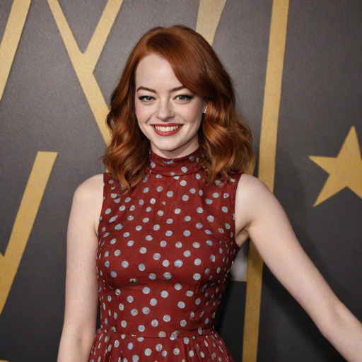 Charismatic "Emma Stone" flashing her signature smile, wearing a vintage-inspired polka dot dress, channeling her La La Land character's charm, with her vibrant red hair styled in loose waves, standing in front of a classic Hollywood backdrop