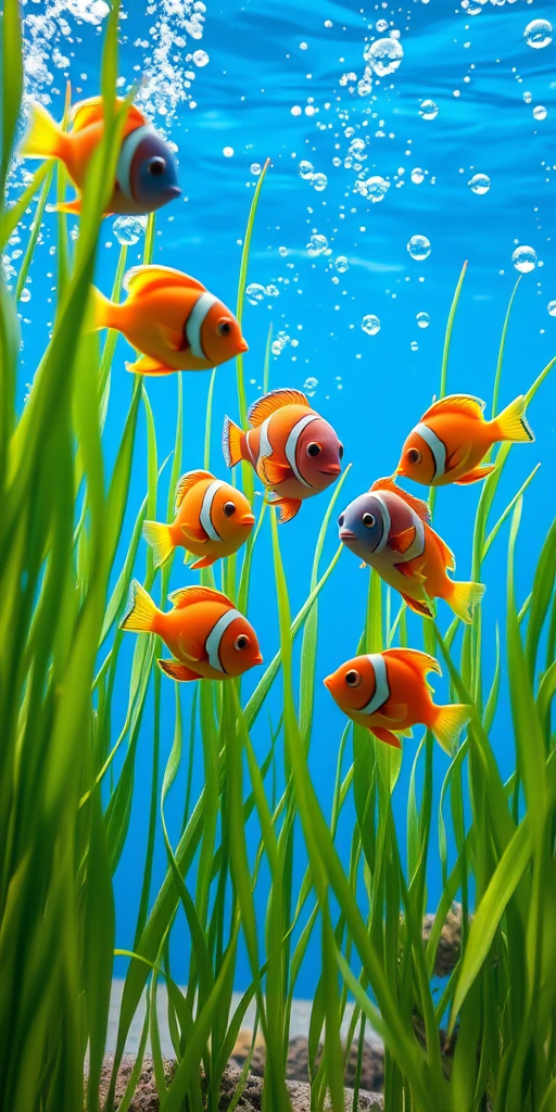 create a vibrant underwater scene with colorful cartoon fish swimming among green seagrass against a bright blue background with soft bubbles, using a Canon EOS R5 with an 85mm lens at f/1.8, aperture priority mode, and ISO 100 for enhanced clarity and depth of field