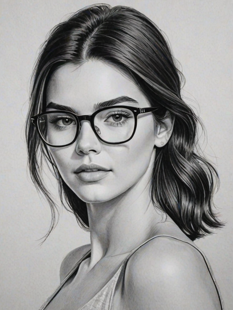 Captivating Kendall Jenner, pencil sketch, portrait of Dazzling woman 1957s in glasses, hair style beatnik, outline, clear lines, fine lines, 8k