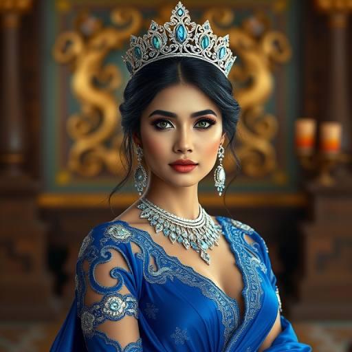 A gorgeous Bhutanese woman in a luxurious blue gown, accessorized with a dazzling tiara and statement earrings, her deep green eyes highlighted by impeccable makeup, poised in a royal setting, photorealistic, 8K quality