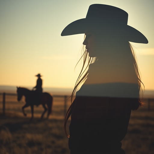 "Create a Double exposure", a silhouette "profile portrait of a young cowgirl" with long hair "superimposed" against a long shot of a cowgirl riding a horse across the plains, fantastic view, 32k, cinematic, hyper-realistic.