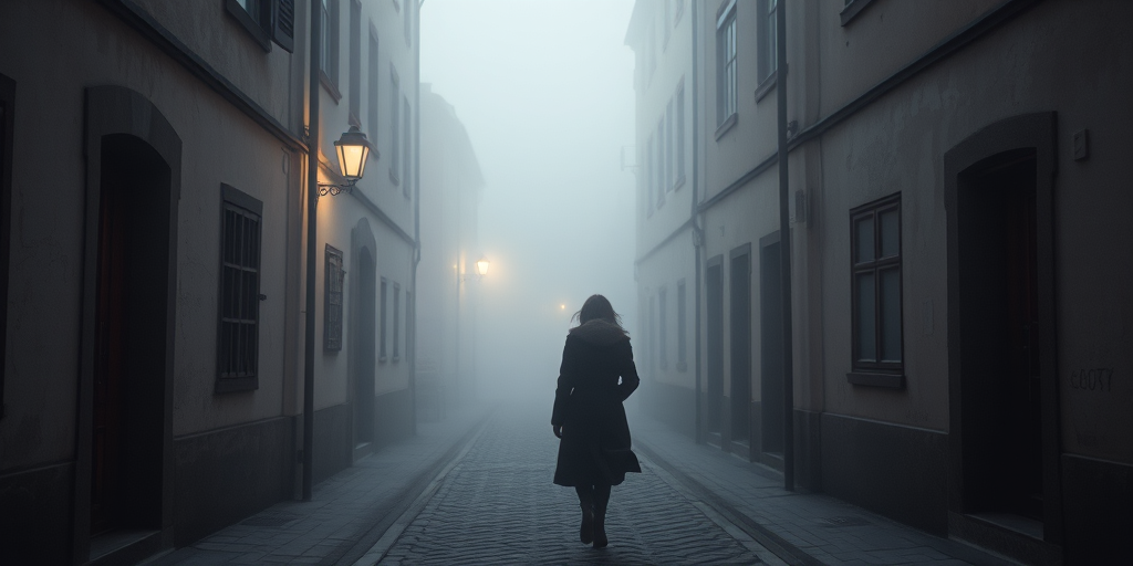 Foggy alleyway in a small town, soft light from a nearby streetlamp casting long shadows, a woman in a long coat walks slowly, her boots clicking softly on the cobblestones.