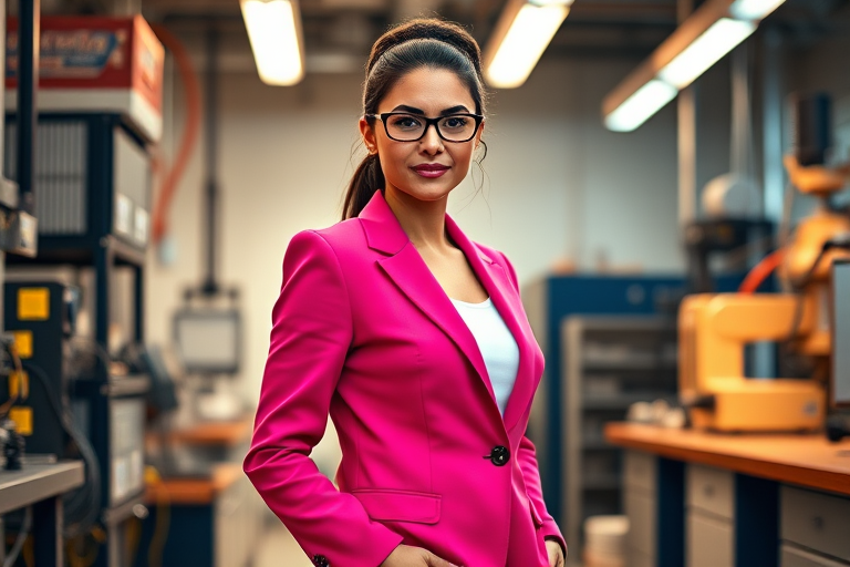 Portrait of a confident female engineer in a vibrant pink blazer, standing in a modern tech lab surrounded by equipment, with warm lighting and a slightly blurred background, captured with a DSLR camera, aperture f/2.8, shutter speed 1/125s, ISO 400, 50mm lens, natural light and enhanced color saturation.