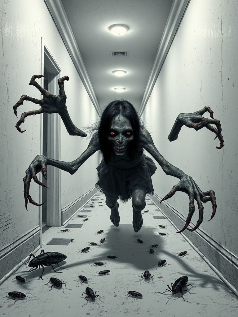 a crooked female with long arms and a creepy smile is crawling along a long white corridor and you can also see cockroaches in it there is a creepy atmosphere creepy art style