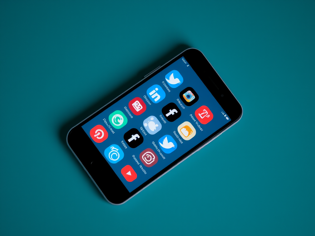 Create an image of a smartphone displaying various social media icons in a grid layout on a dark teal background with a soft focus effect, using a high-resolution digital camera at ISO 100, f/2.8 aperture, 50mm lens, and a slight overhead angle.