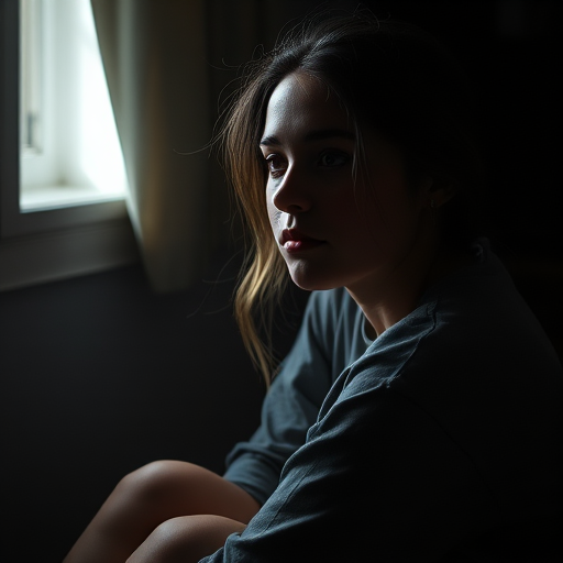 A young woman sitting in a dimly lit room, soft light streaming through a gap in the wall, capturing details of her contemplative expression, shot with a Canon EOS R5, 50mm lens, aperture f/1.8, ISO 100, natural light, high contrast, moody atmosphere.