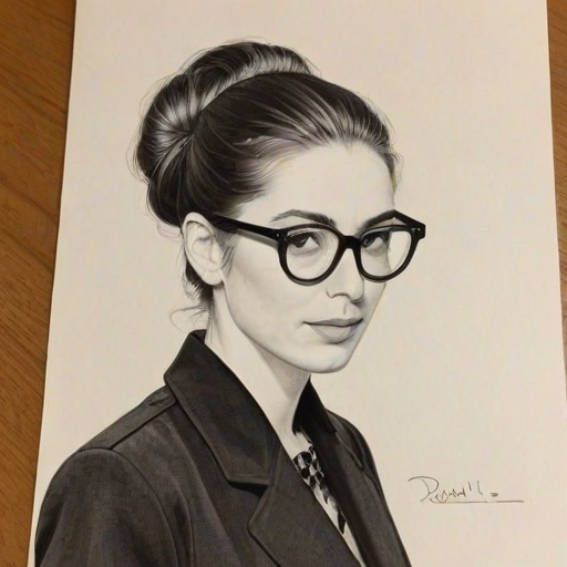 Splendid Danielle Haim, pencil sketch, portrait of Elegant woman 1961s in glasses, hair style beatnik, outline, clear lines, fine lines, 8k
