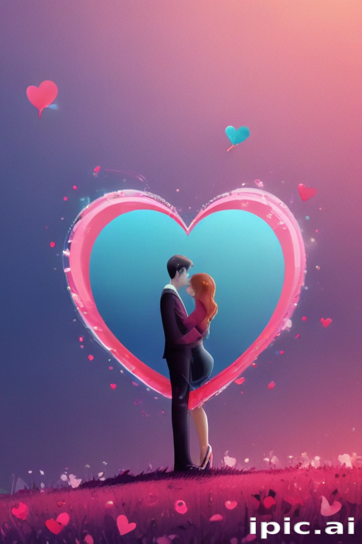 Two Lovers Embrace Under a Heart-Shaped Sky Filled with Love