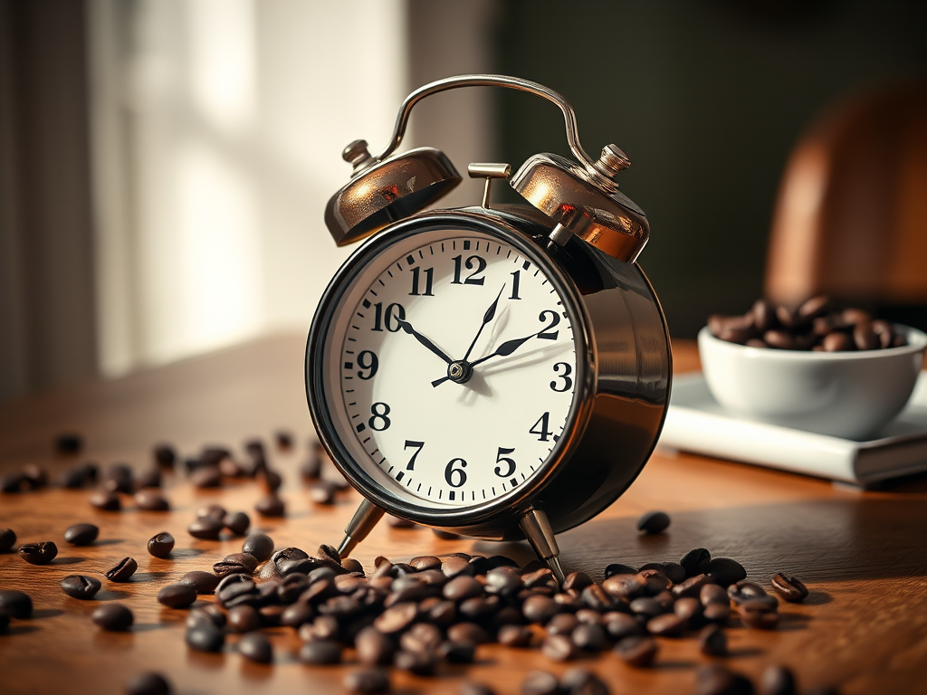 A vintage alarm clock on a wooden table with scattered coffee beans, softly lit from the side, shallow depth of field, shot with a 50mm lens at f/1.8, ISO 200, 1/125s, using a DSLR camera.
