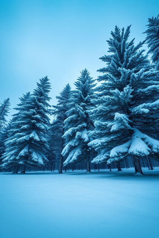 snowy landscape with a focus on pine trees, soft falling snowflakes, blue gradient sky, ISO 100, aperture f/8, shutter speed 1/250s, wide-angle lens, shot from a low angle using a DSLR camera