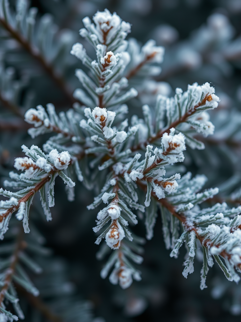 Capture a close-up view of frosted evergreen branches with shallow depth of field, using a DSLR camera at f/2.8 aperture, ISO 100, and 50mm lens, in soft natural light for enhanced texture and detail.