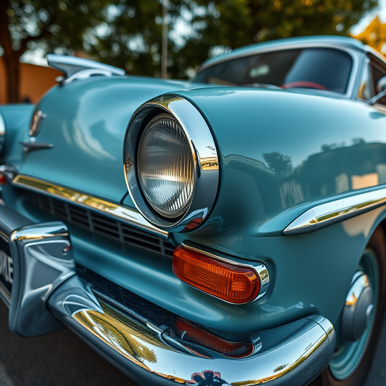 Create a high-resolution image of a classic car, shot from a low angle perspective with a 35mm lens, using natural lighting, aperture set to f/8, ISO 100, and a shutter speed of 1/250 second, focusing on intricate details of the vehicle's design.