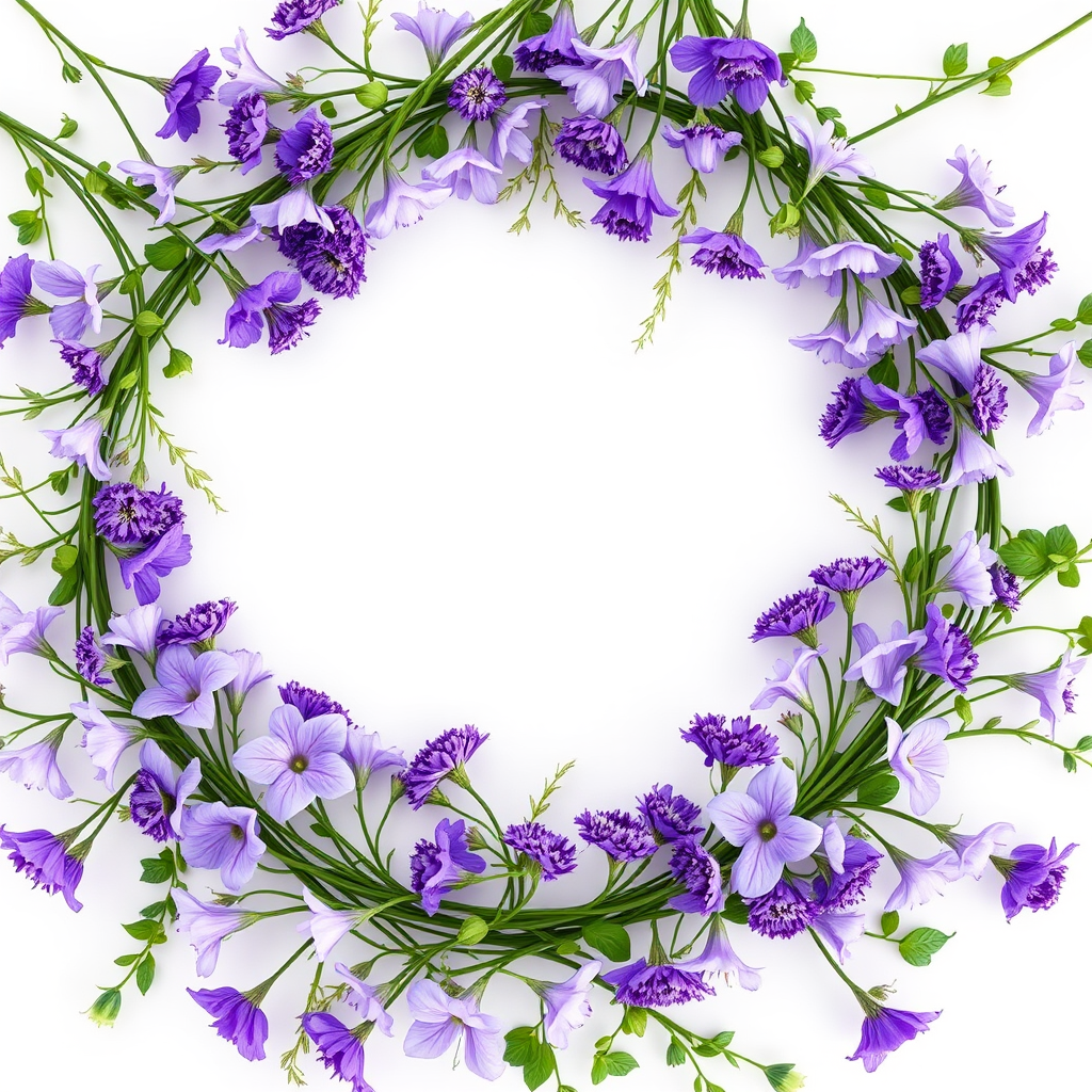 Create a circular frame design featuring delicate purple floral arrangements intertwined with green foliage, shot with a DSLR camera at f/2.8 aperture, ISO 100, and a 50mm lens from a top-down perspective to enhance image quality and clarity.