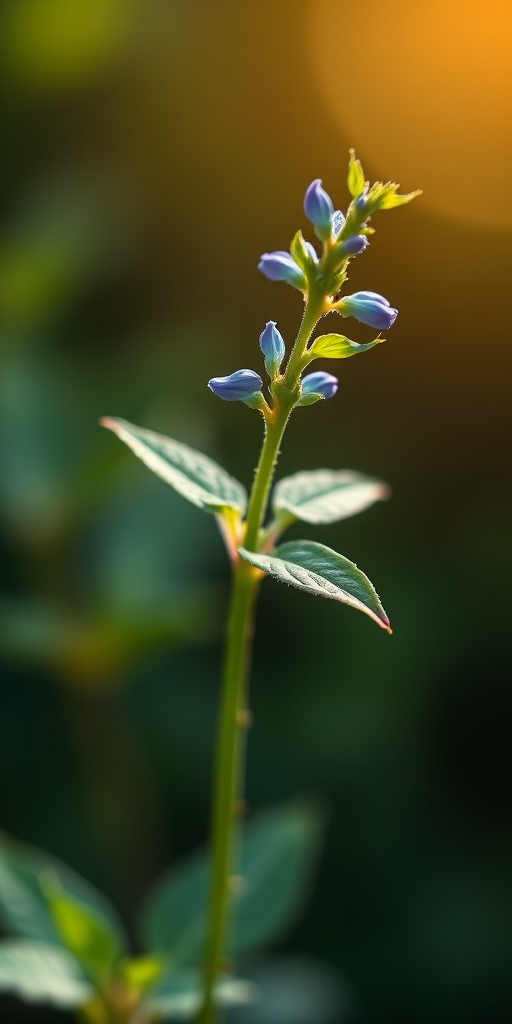 Create a high-resolution digital illustration of a simple blue plant stem with leaves, using a 50mm lens, f/8 aperture, 1/200s shutter speed, and vibrant colors in a soft natural lighting setting.