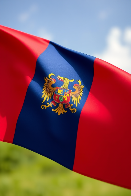 Create a high-resolution image of the flag of Romania, using a DSLR camera with a 50mm lens, aperture set to f/2.8, ISO 100, natural lighting, and a shallow depth of field for a glossy finish.