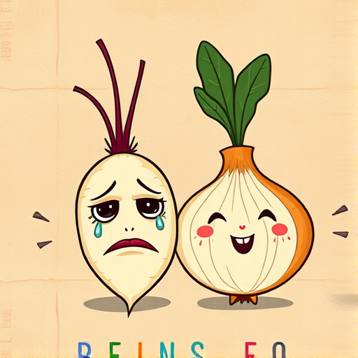 Create a whimsical illustration of a sad radish with cartoonish eyes and tears next to a cheerful onion with a leafy top, both on a textured vintage paper background, use a Canon EOS R5 with a 50mm f/1.8 lens, aperture set to f/2.8, ISO 100, and a soft focus style.