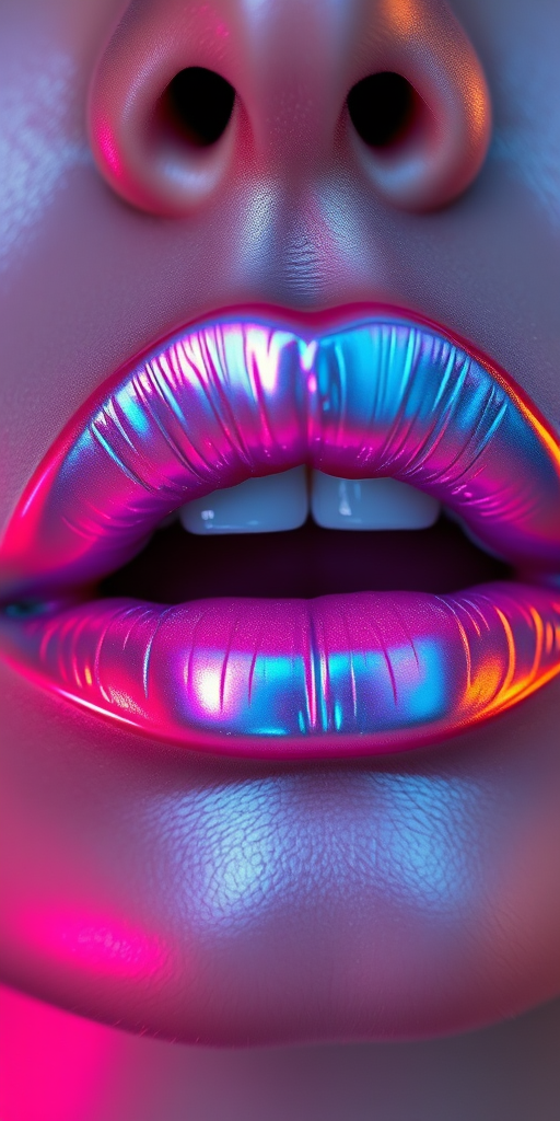 Ethereal holographic lips with iridescent pigments, shifting colors as light moves across them, captured in a futuristic and avant-garde beauty shot