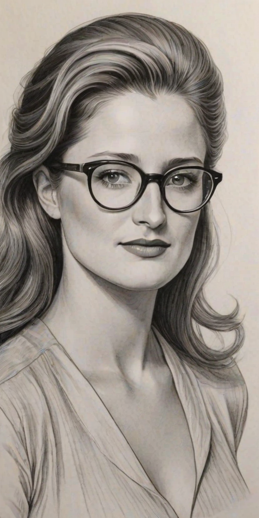 Magnificent Grace Gummer, pencil sketch, portrait of Magnificent woman 1950s in glasses, hair style beatnik, outline, clear lines, fine lines, 8k