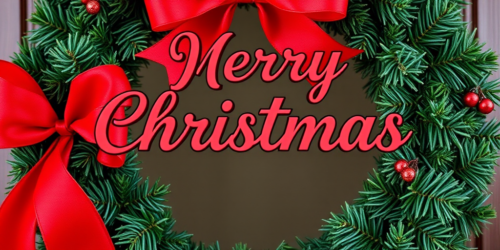 Create a vibrant Christmas wreath with a red bow, featuring the text "Merry Christmas" in a bold, elegant font, shot with a DSLR camera, 50mm lens, f/2.8 aperture, ISO 100, natural lighting, close-up view for sharp details.