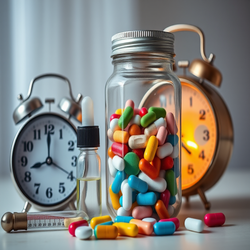 Create an image of a glass jar filled with colorful pills alongside a classic alarm clock, a small vial with a dropper, and a thermometer, set against a softly lit background, using a DSLR camera with a 50mm lens, aperture f/1.8, ISO 100, shot at a 45-degree angle with soft lighting for enhanced quality.