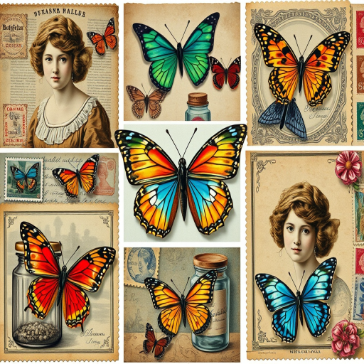 Create a high-resolution collage of vintage-inspired illustrations featuring colorful butterflies, antique portraits, and decorative elements like jars and stamps, captured in macro view with a DSLR camera at f/2.8 aperture and ISO 100, using natural lighting to enhance colors and details.