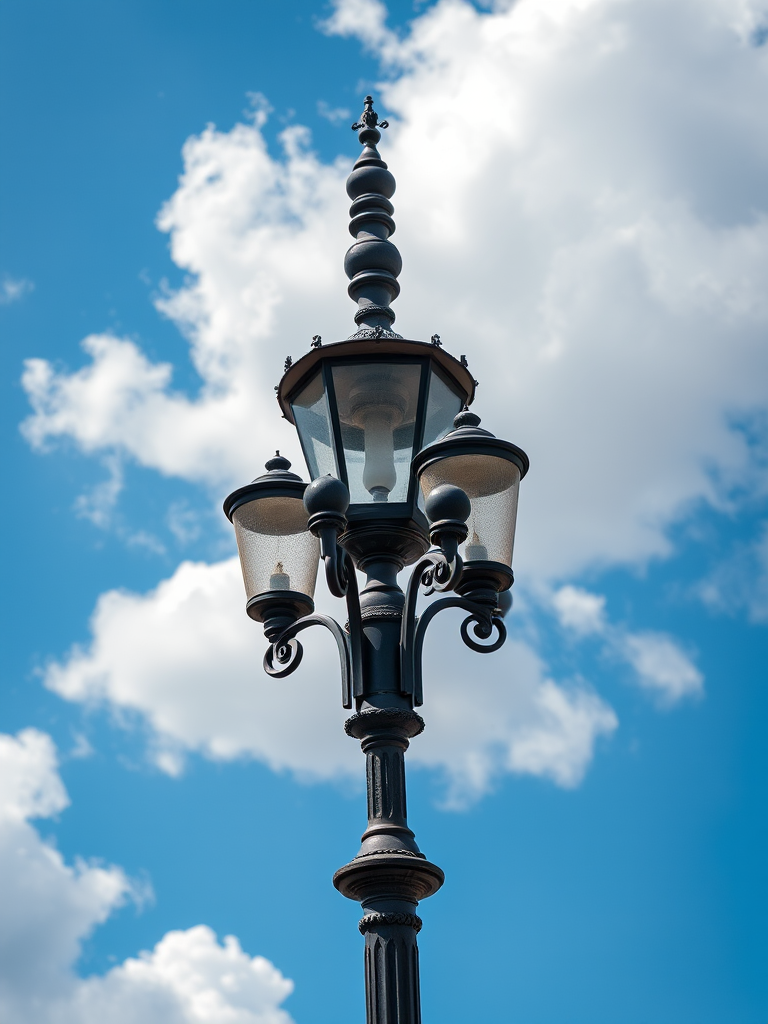 Generate a high-resolution image of an ornate street lamp with five glass lanterns, set against a bright blue sky with fluffy white clouds, captured with a DSLR camera, 50mm lens, f/2.8 aperture, 1/200s shutter speed, ISO 100, natural lighting.