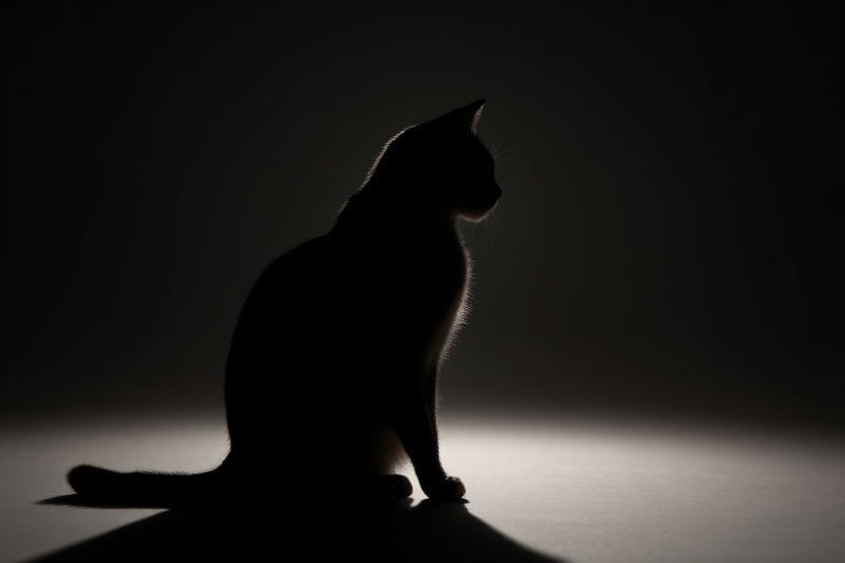 Generate a high-resolution silhouette image of a cat sitting gracefully, shot with a DSLR camera at f/2.8 aperture, ISO 100, 50mm lens, backlit with soft light for contrast, viewed from a low angle to emphasize the shape, in a studio setting for enhanced clarity and detail.