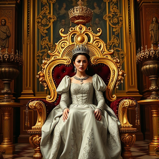 Regenerate the image of a queen seated on a luxurious throne in an opulent hall, with intricate gold details and gemstone accents, using a Canon EOS R5 camera, 50mm lens, f/1.8 aperture, ISO 100, natural soft lighting for enhanced quality.