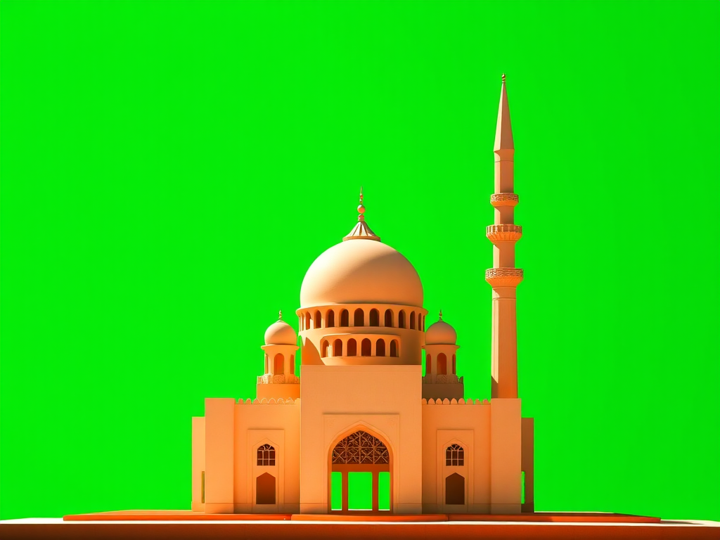 Design a minimalist silhouette of a mosque with a dome and minaret, set against a vibrant green background, using a DSLR camera with a 50mm lens, f/1.8 aperture, ISO 100, natural lighting, and a shallow depth of field for a crisp focus on the architecture.