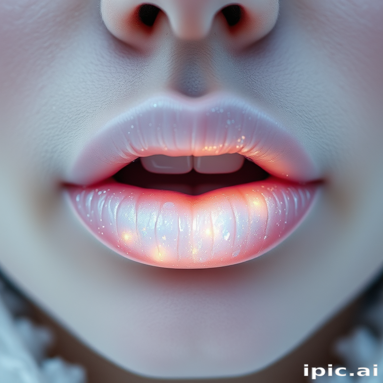 Ethereal pearlescent white lips with opalescent shimmer, otherworldly and captivating, evoking the essence of winter's frosty beauty