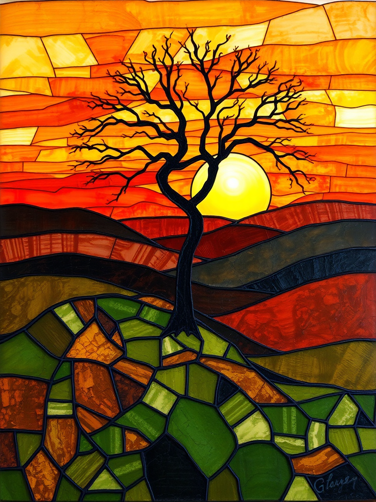 A vibrant abstract painting on Tiffany Glass, blending acrylic and alcohol ink techniques, captures a dramatic sunset over rolling hills. The artwork features a textured, rocky foreground in green and brown, layered abstract hills, and a striking sunset in rich oranges, yellows, and reds. A solitary black tree with intricate branches contrasts against the fiery sky, creating a dynamic and expressive portrayal of a breathtaking natural scene.