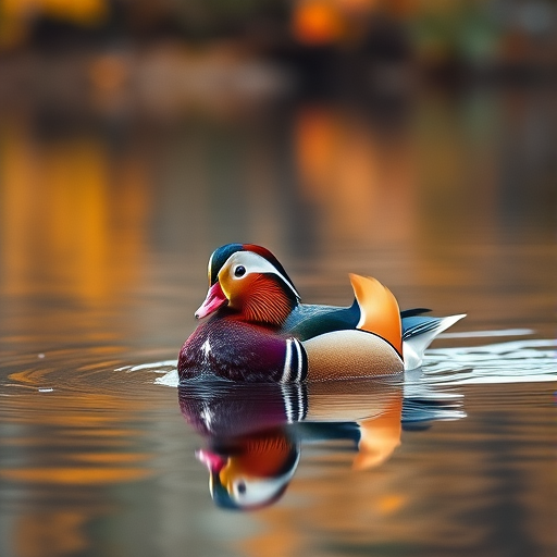 A vibrant mandarin duck swimming on a serene lake with autumn foliage reflecting in the water, captured with a Canon EOS 5D Mark IV, 70-200mm f/2.8 lens, aperture f/4, ISO 100, 1/500 sec shutter speed, shallow depth of field for a soft background blur.