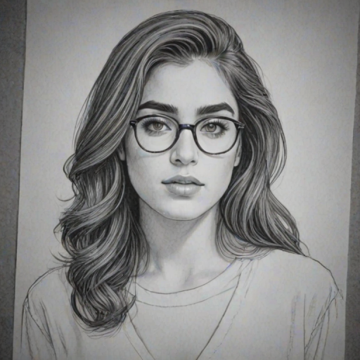 Fetching Lauren Jauregui, pencil sketch, portrait of Delightful woman 1978s in glasses, hair style beatnik, outline, clear lines, fine lines, 8k