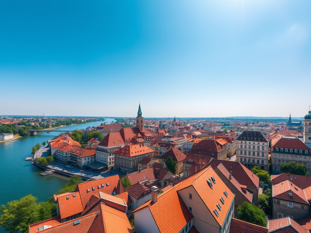 aerial view of a scenic cityscape with red-roofed buildings beside a river on a bright sunny day, ISO 100, aperture f/8, shutter speed 1/125 sec, wide-angle lens, DSLR camera, high resolution